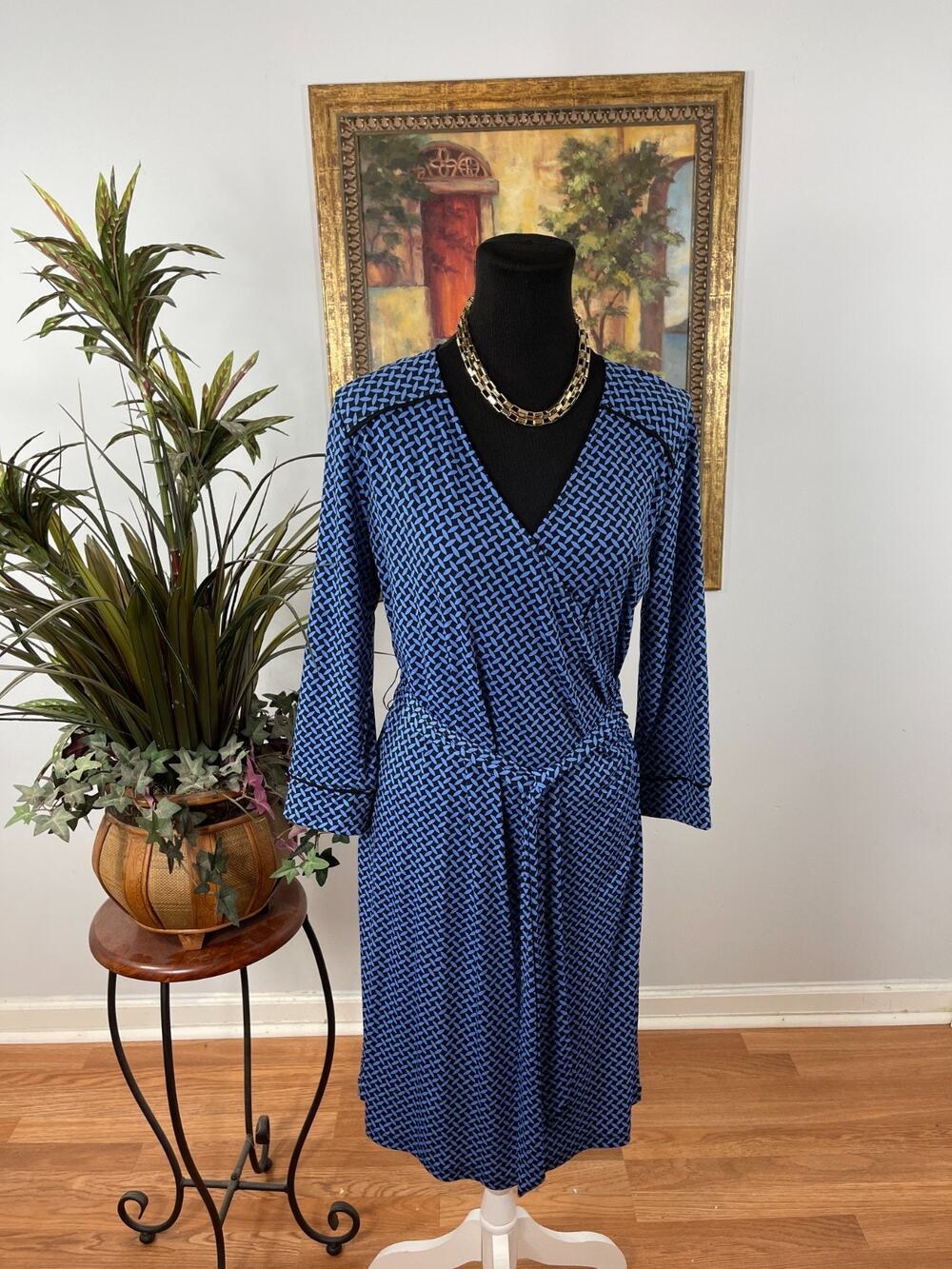 Jones New York Wrap Dress Women's PS Blue Geometric Dark Academia Quiet Luxury